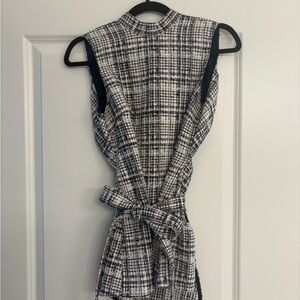 Elegant Blue and White Plaid Tweed Top